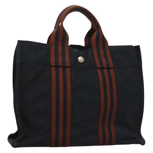 HERMES Fourre Tout PM Hand Bag Canvas Brown Navy Auth gh344 - Picture 1 of 16